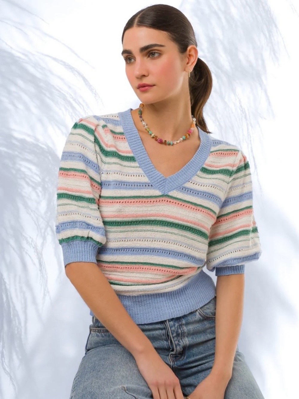 Velvet Heart Pastel Striped V-Neck Sweater - Light Blue, Cream, Green, Pink